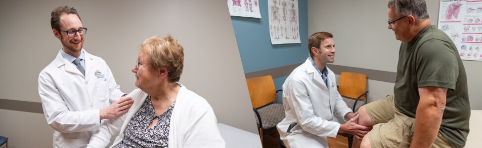 right: Dr. Rickert with shoulder replacement patient, left: Dr. Lammli with knee replacement patient